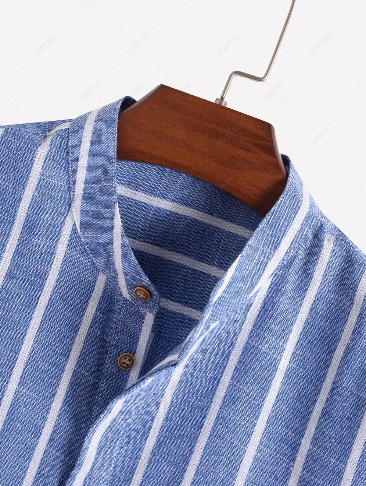 Men\'s Half Buttoned Casual Vertical Striped Office Pullover Shirt and Basic Casual Shorts Set BLUE WHITE - PURECLO