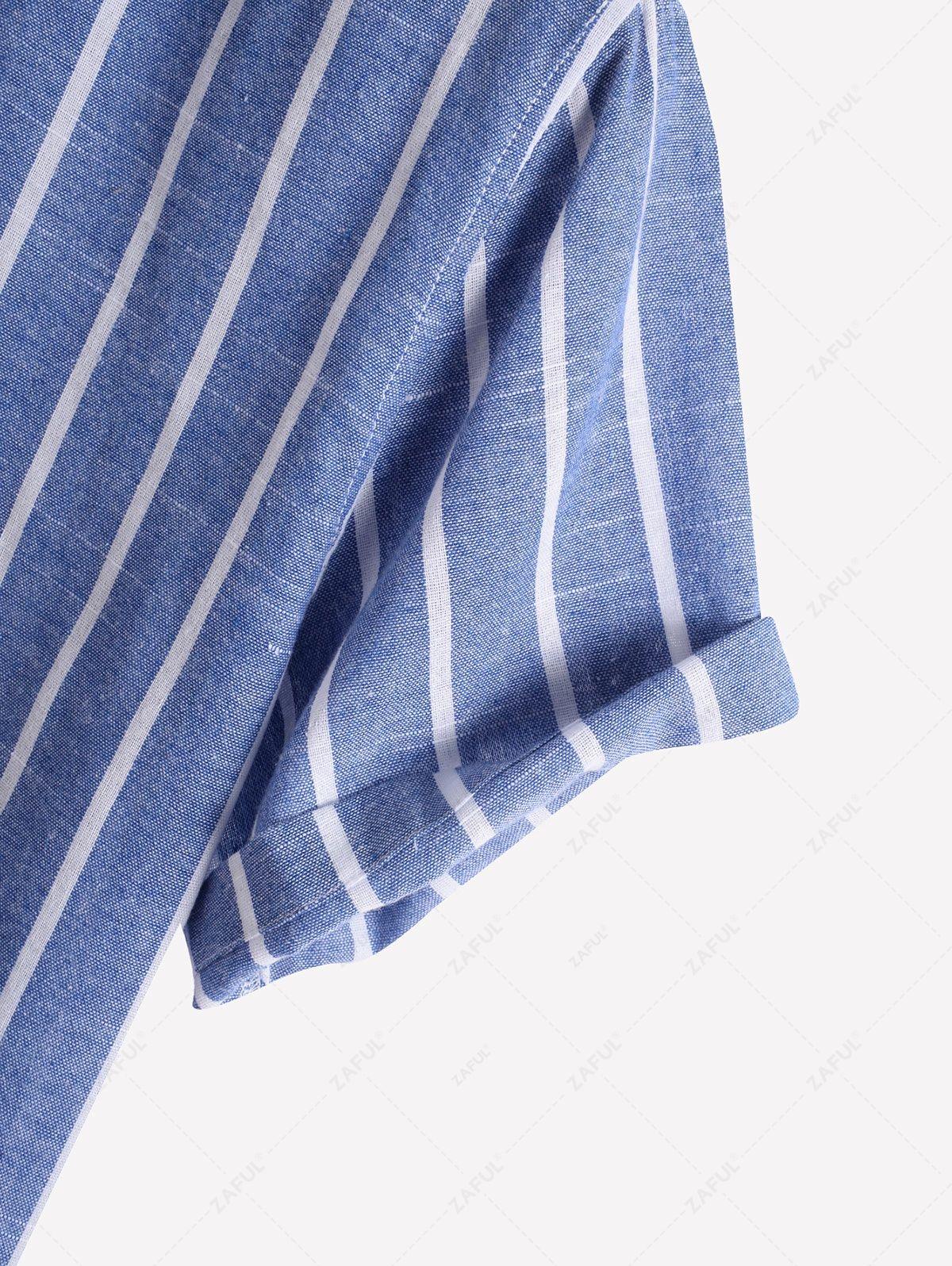 Men\'s Half Buttoned Casual Vertical Striped Office Pullover Shirt and Basic Casual Shorts Set BLUE WHITE - PURECLO