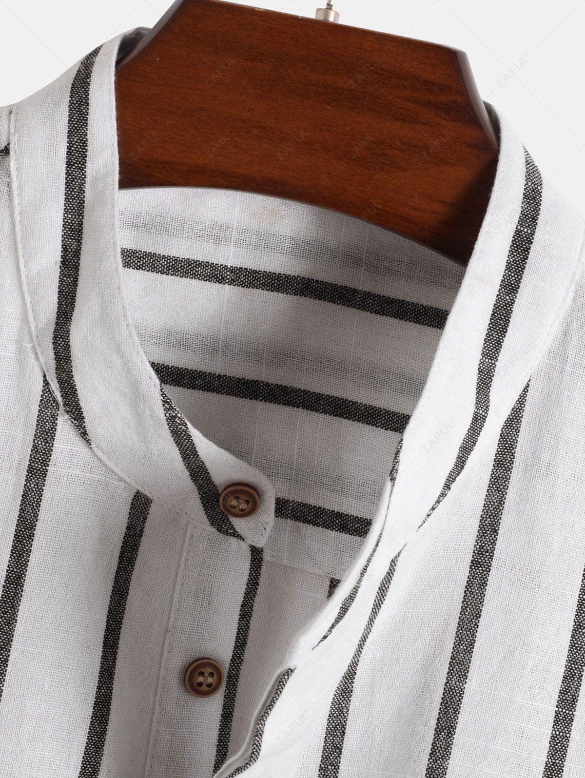 Men\'s Half Buttoned Casual Vertical Striped Office Pullover Shirt and Basic Casual Shorts Set BLUE WHITE - PURECLO