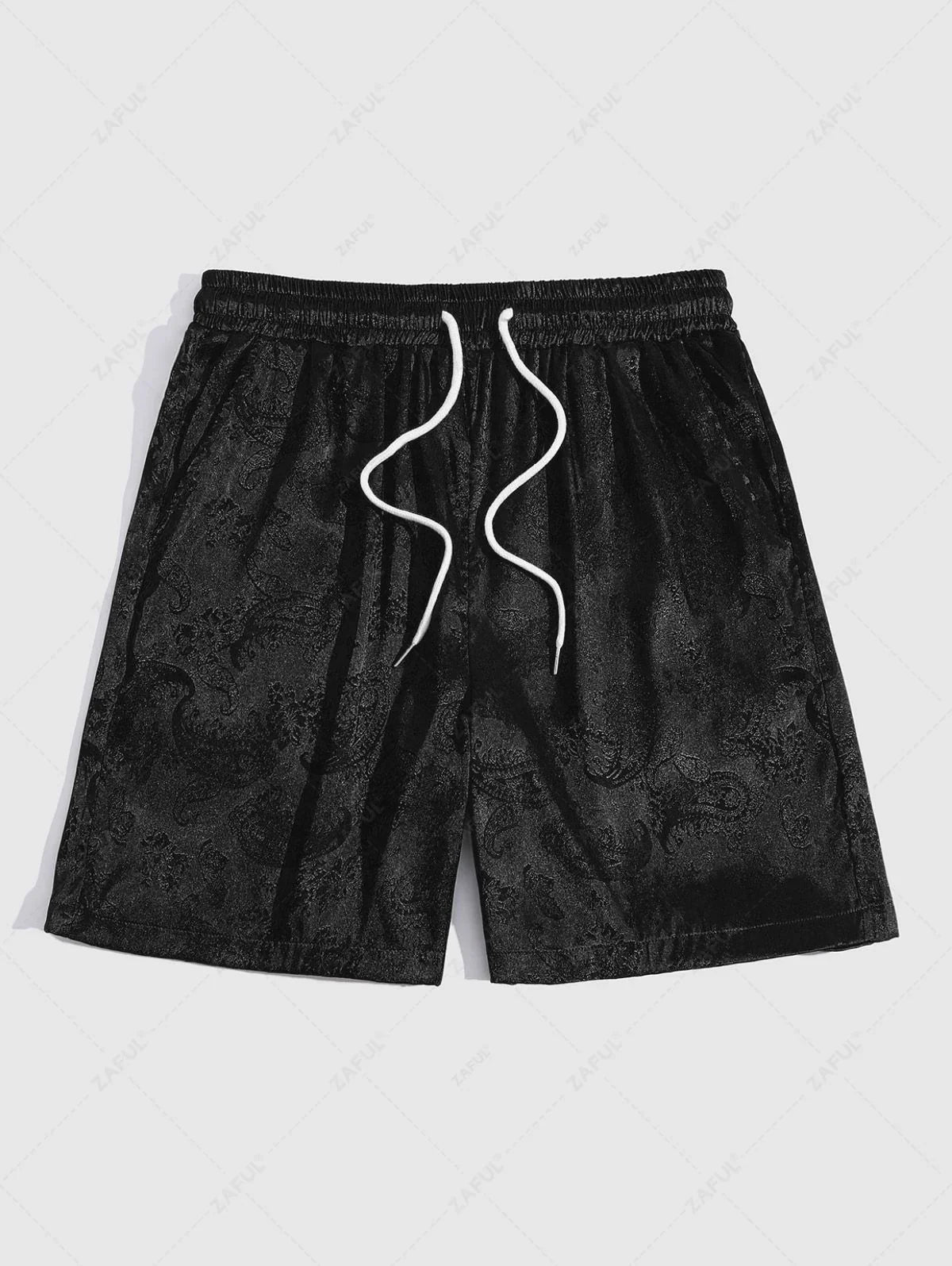 Men\'s Button Up Short Sleeves Paisley Jacquard Silky Satin Shirt and Drawstring Pockets Casual Shorts Set DEEP GREEN BLACK - PURECLO