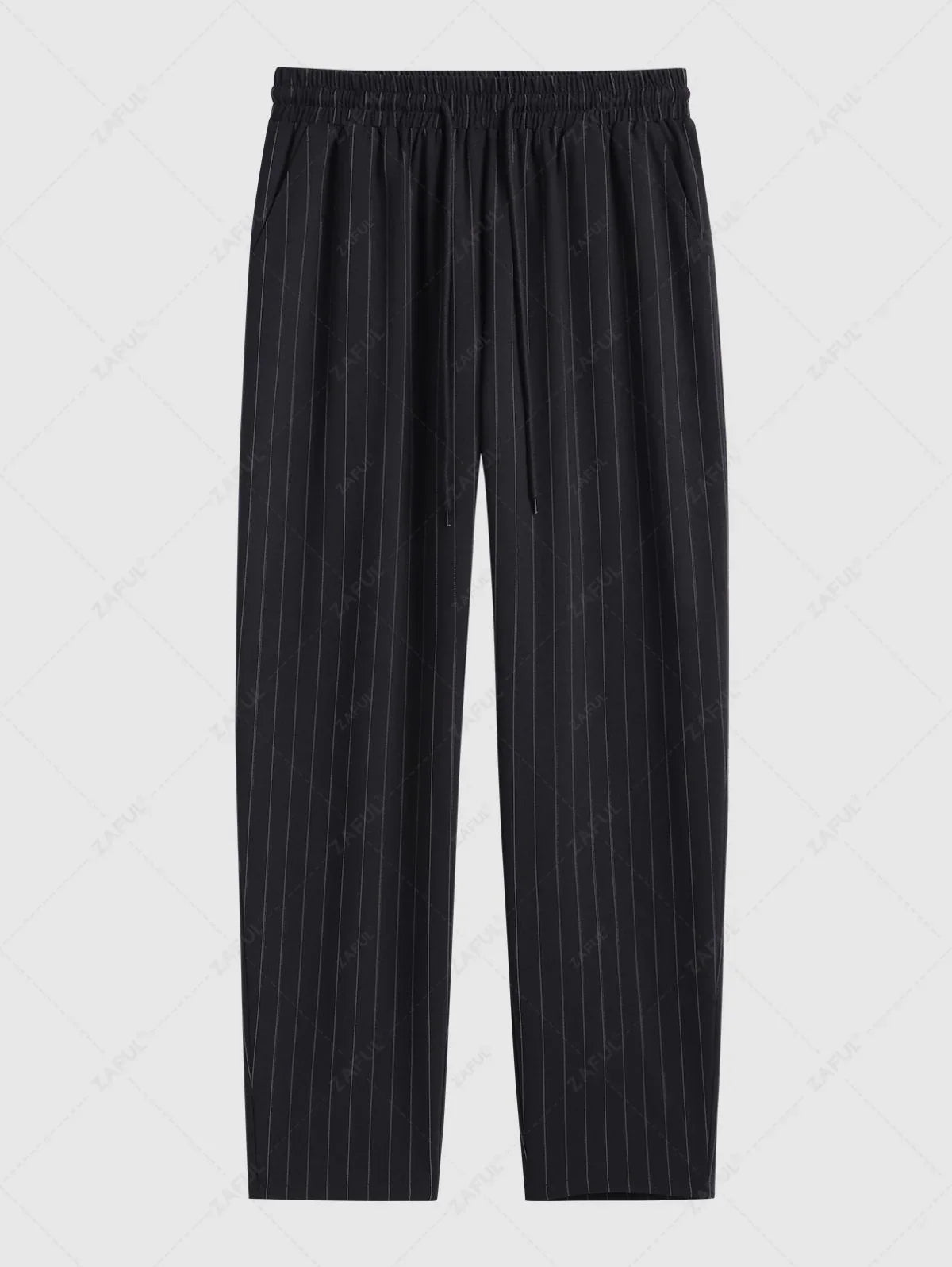 Men\'s Casual Pinstripe Pocket Design Camp Collar Button Up Short Sleeves Shirt And Drawstring Straight Leg Pants Set BLACK - PURECLO
