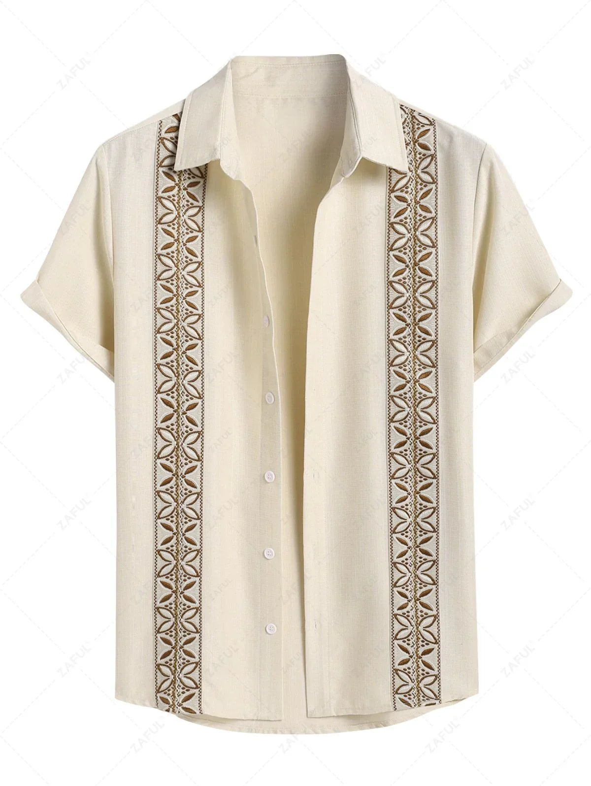 Men\'s Vintage Geometric Floral Leaves Shaped Embroidered Woven Tape Patched Button Up Short Sleeves Shirt APRICOT - PURECLO