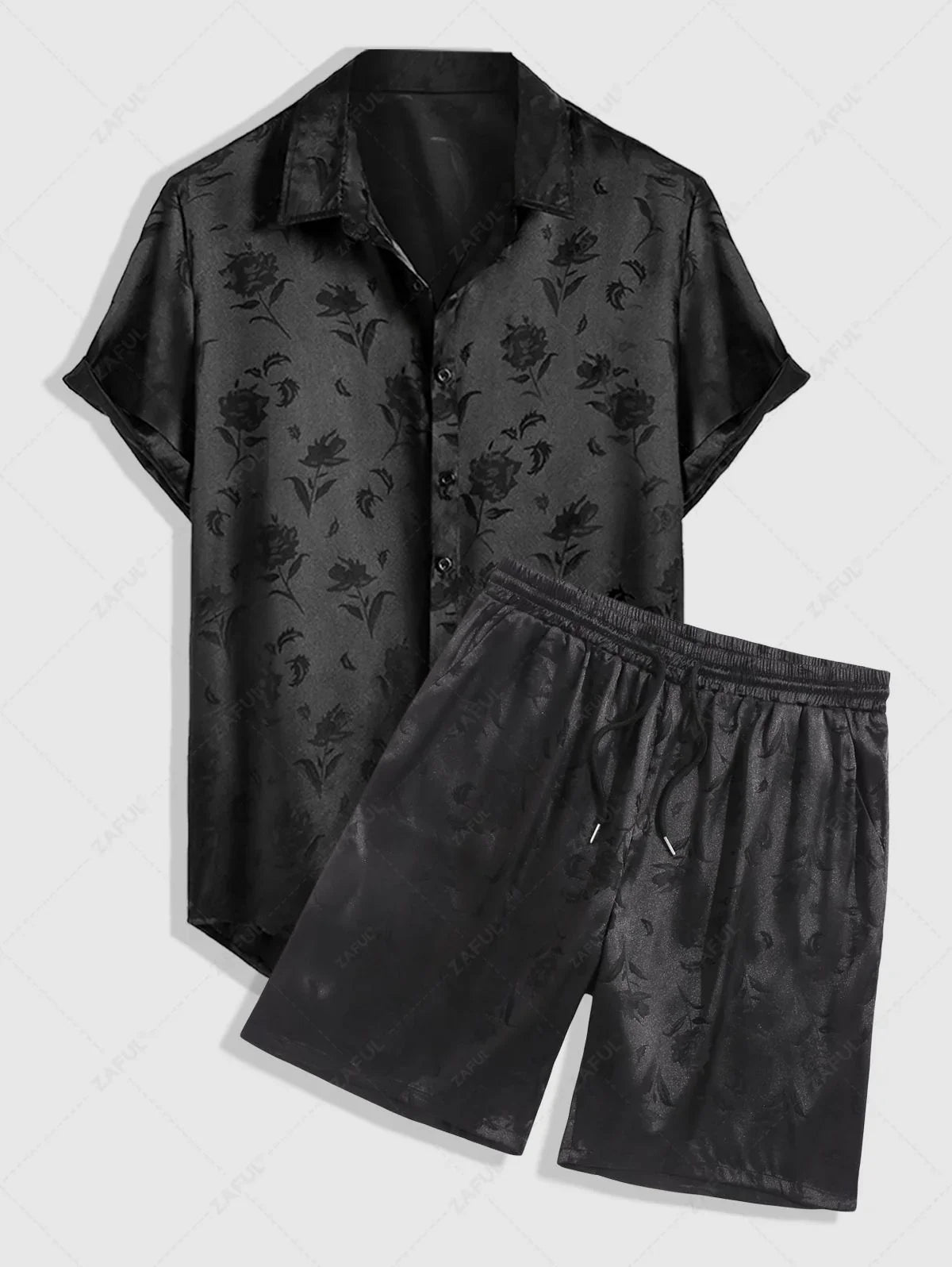 Men\'s Jacquard Silky Satin Floral Print Rose Pattern Button Front Short Sleeve Shirt And Shorts Set   BLACK DEEP RED DEEP BLUE DEEP GREEN