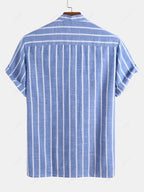 Men\'s Half Buttoned Casual Vertical Striped Office Pullover Shirt and Basic Casual Shorts Set BLUE WHITE - PURECLO