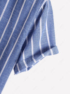 Men\'s Half Buttoned Casual Vertical Striped Office Pullover Shirt and Basic Casual Shorts Set BLUE WHITE - PURECLO