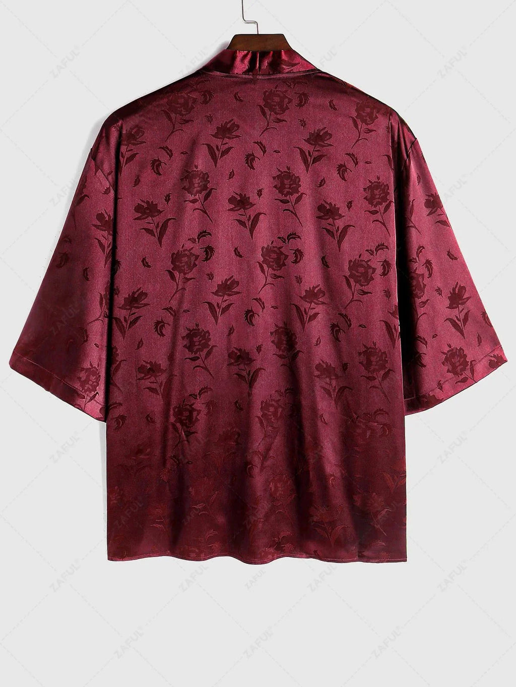Men\'s Two Piece Outfits Silky Satin Rose Printed Open Front Kimono Shirt and Casual Shorts Set DEEP RED BLACK - PURECLO