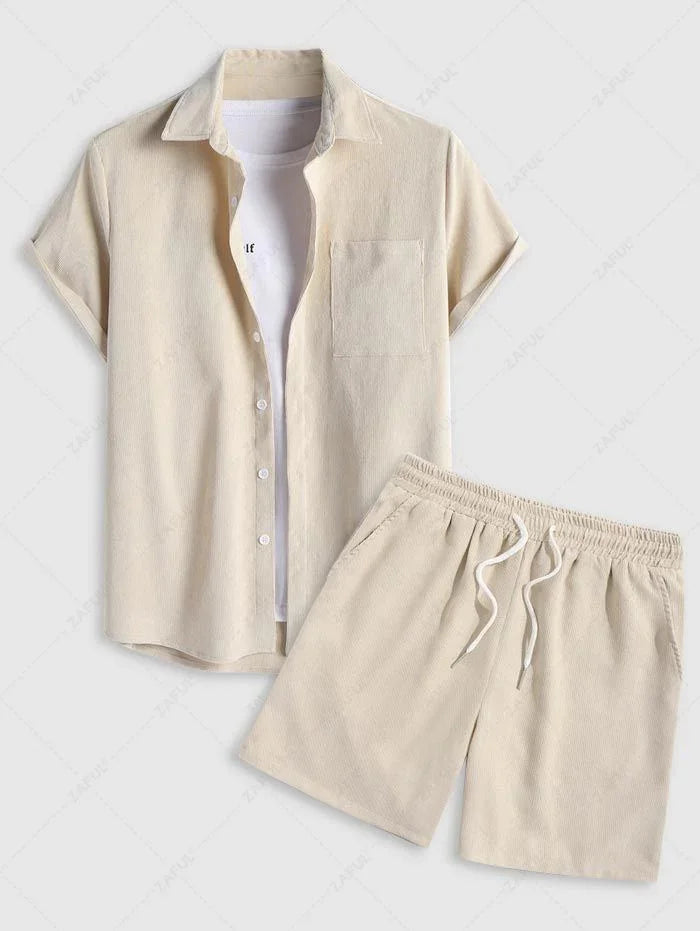 Men\'s 2 Piece Outfits Casual Basic Solid Color Pocket Corduroy Short Sleeves Button Up Shirt and Drawstring Shorts Set   LIGHT COFFEE LIGHT GREEN DEEP BLUE LIGHT BLUE DARK ORANGE