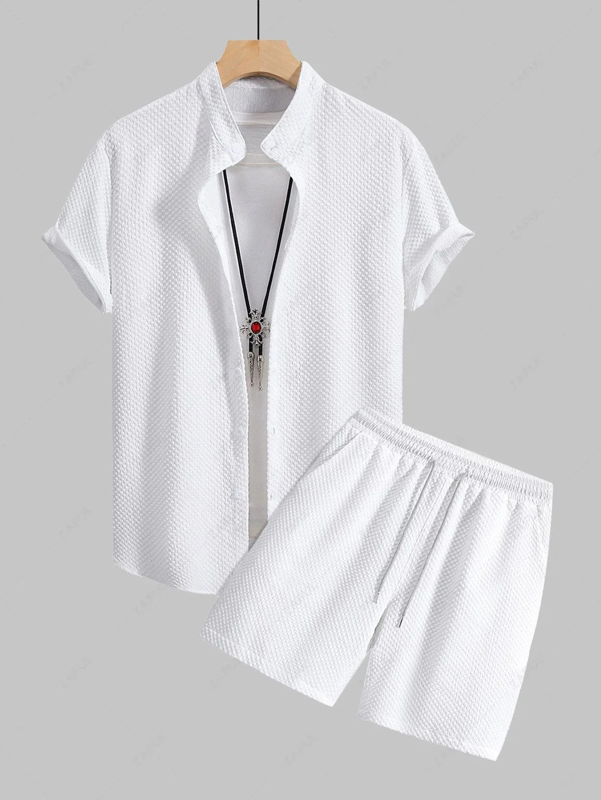 Men\'s Matching Two Piece Co Ord Solid Color Textured Button Up Short Sleeves Shirt and Drawstring Casual Shorts Set   LIGHT BLUE WHITE