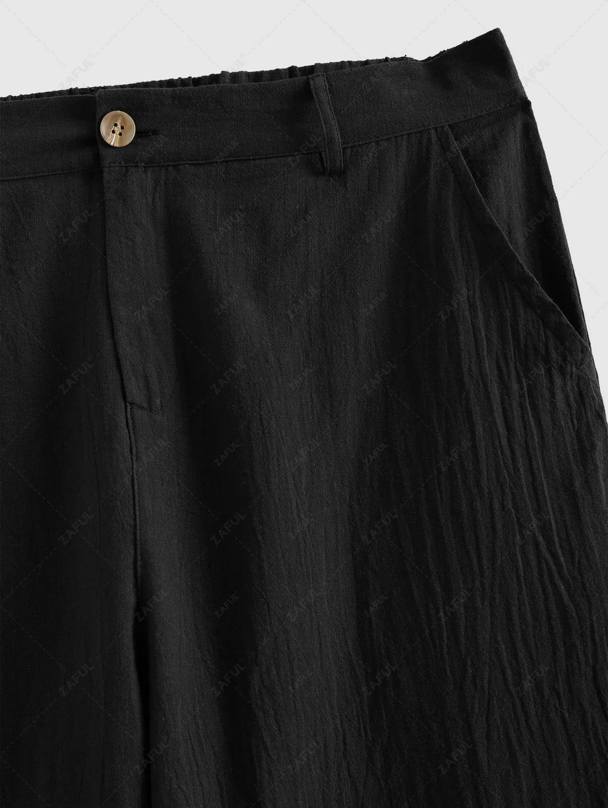 Men\'s Solid Color Jacquard Textured Polo Collar Half Buttoned Short Sleeves T-shirt and Cotton and Linen Straight Leg Pants Set BLACK COFFEE - PURECLO