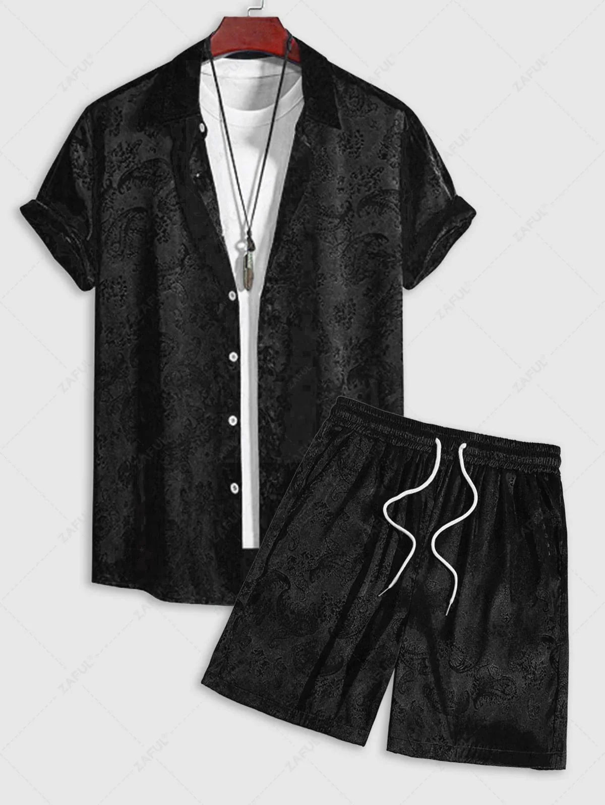 Men\'s Button Up Short Sleeves Paisley Jacquard Silky Satin Shirt and Drawstring Pockets Casual Shorts Set   DEEP GREEN BLACK