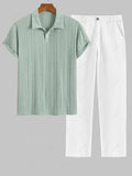 Men\'s Casual Textured Openwork Polo Collar Half Buttoned Short Sleeves Shirt And Cotton and Linen Straight Leg Pants Set LIGHT GREEN COFFEE - PURECLO