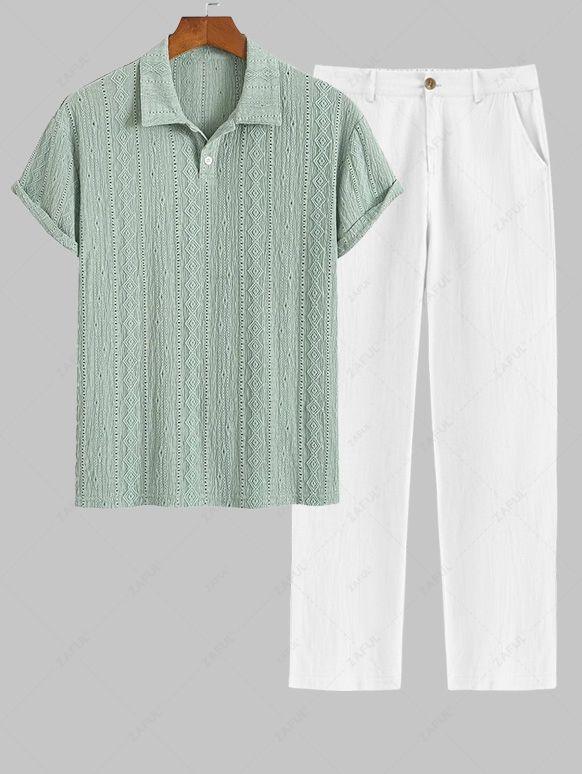 Men\'s Casual Textured Openwork Polo Collar Half Buttoned Short Sleeves Shirt And Cotton and Linen Straight Leg Pants Set   LIGHT GREEN COFFEE