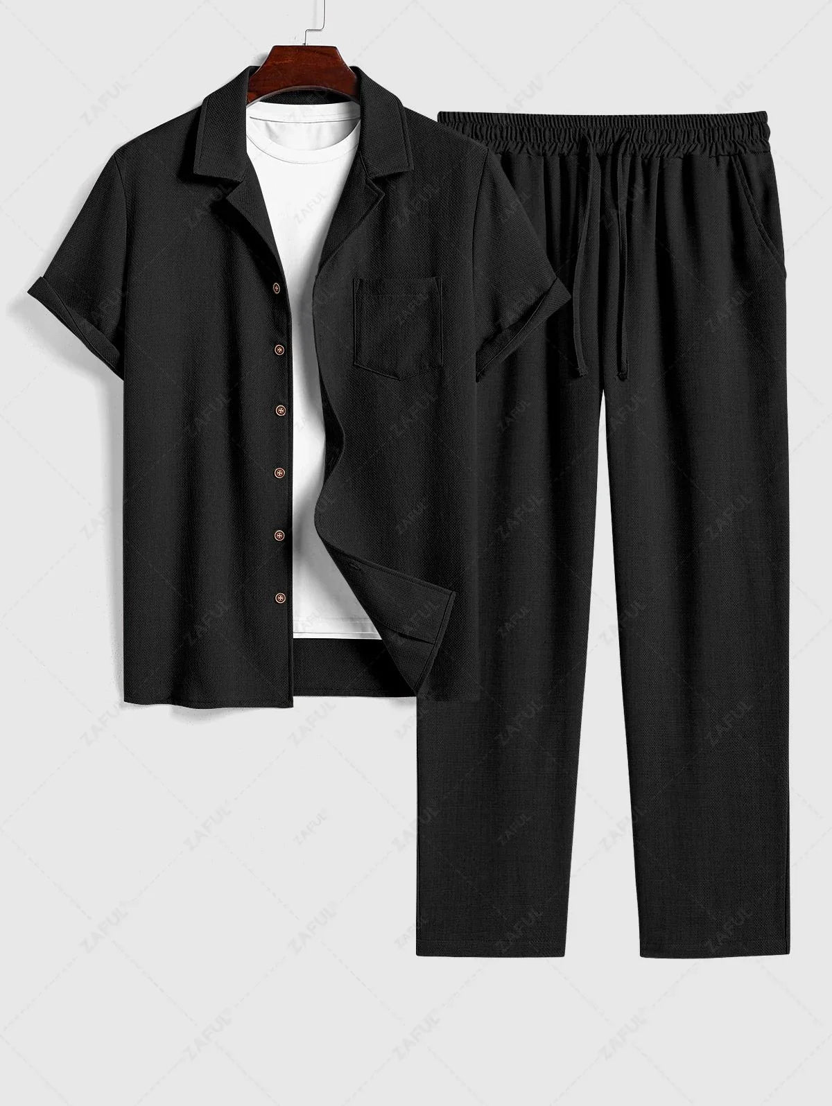 Men\'s Cotton And Linen Textured Pocket Design Camp Collar Button Up Short Sleeves Shirt And Drawstring Straight Leg Pants Set   BLACK LIGHT BLUE COFFEE