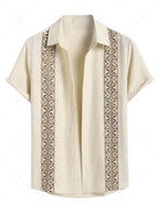 Men\'s Vintage Geometric Floral Leaves Shaped Embroidered Woven Tape Patched Button Up Short Sleeves Shirt APRICOT - PURECLO