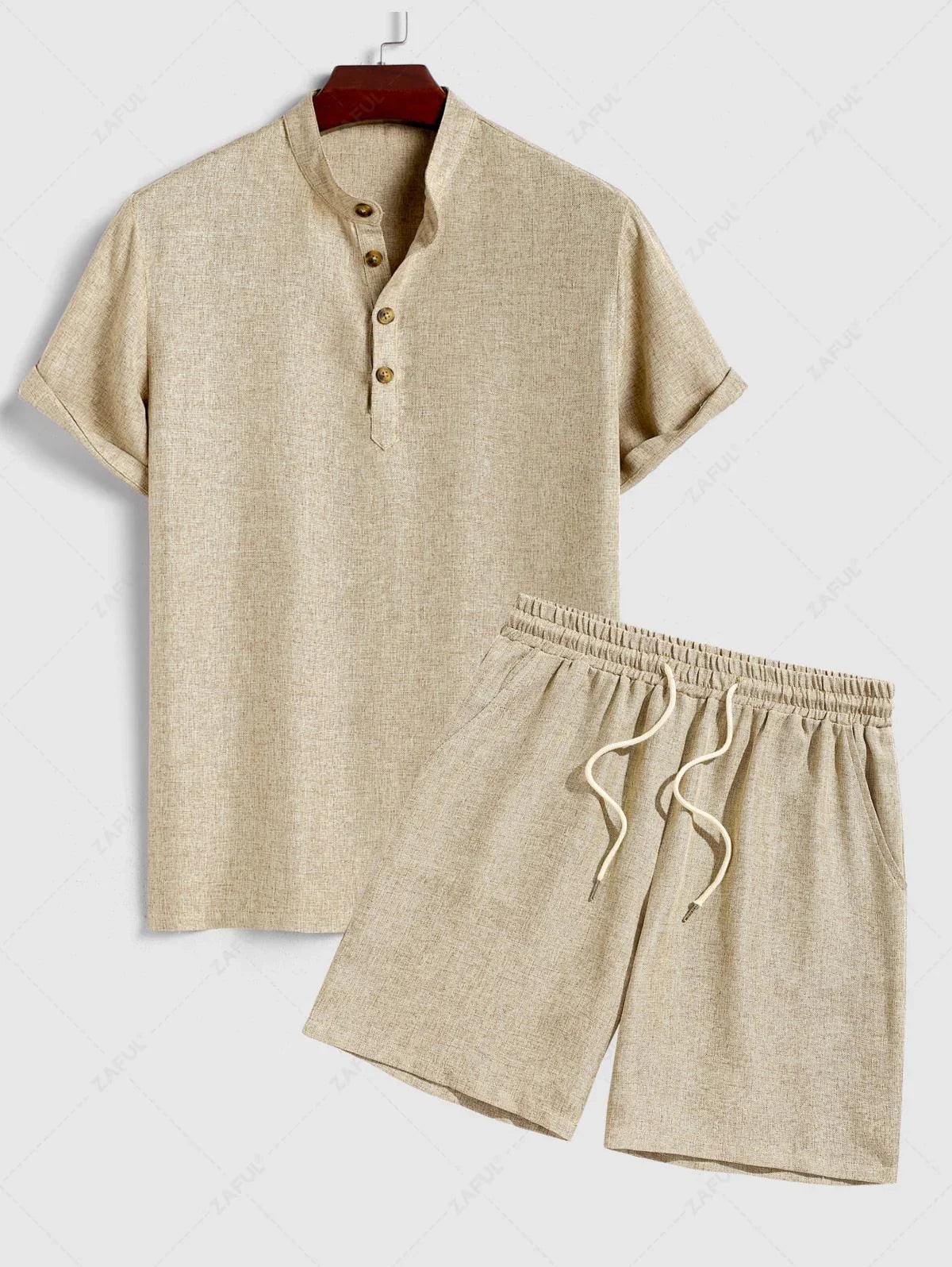 Men\'s Solid Color Linen Textured Stand Collar Half Buttoned Short Sleeves Shirt And Slant Pockets Drawstring Casual Shorts Set   LIGHT COFFEE