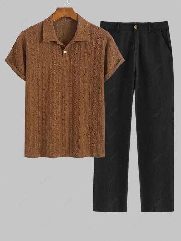 Men\'s Casual Textured Openwork Polo Collar Half Buttoned Short Sleeves Shirt And Cotton and Linen Straight Leg Pants Set   LIGHT GREEN COFFEE