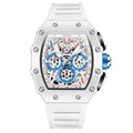 Relógio masculino 7SUIT Orono com caixa branca, detalhes em azul, pulseira ajustável e mostrador esportivo. Sofisticação à prova d’água para homens com personalidade marcante.